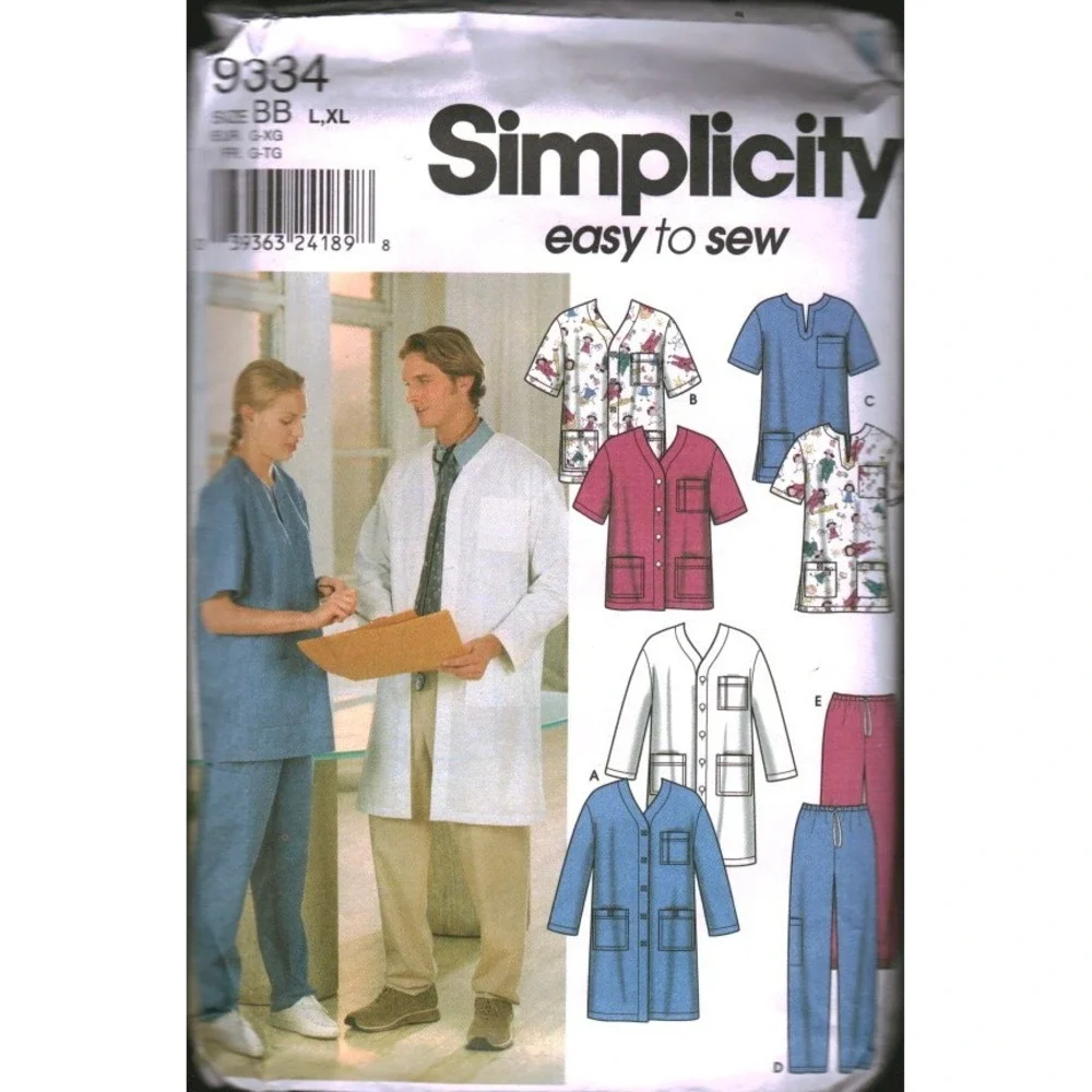 Simplicity‎ 9334 Easy to Sew Medical Scrubs Pattern Lab Coat Top Pants Size L XL